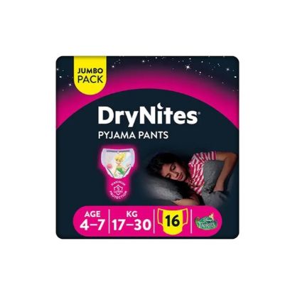 Picture of Huggies DryNites Pyjama Pants, 4-7 years, Bed Wetting Diaper, Girls, 17-30 kg, Jumbo Pack, 16 Pants